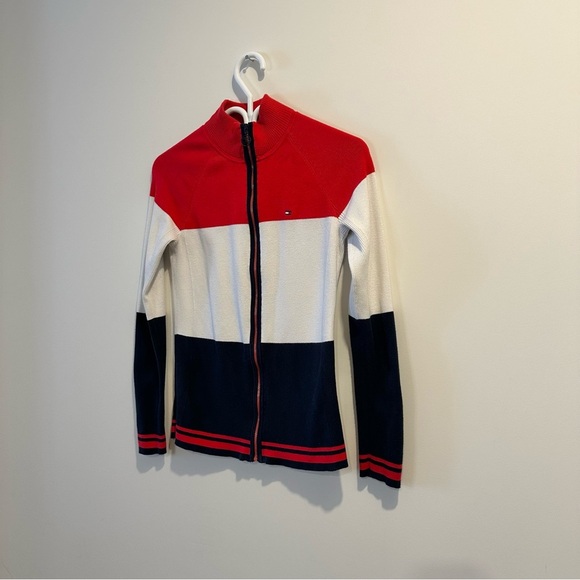 Tommy Hilfiger | Y2K Red White & Blue Zip Up Mock Neck Cardigan Sweater womens S - Picture 4 of 8